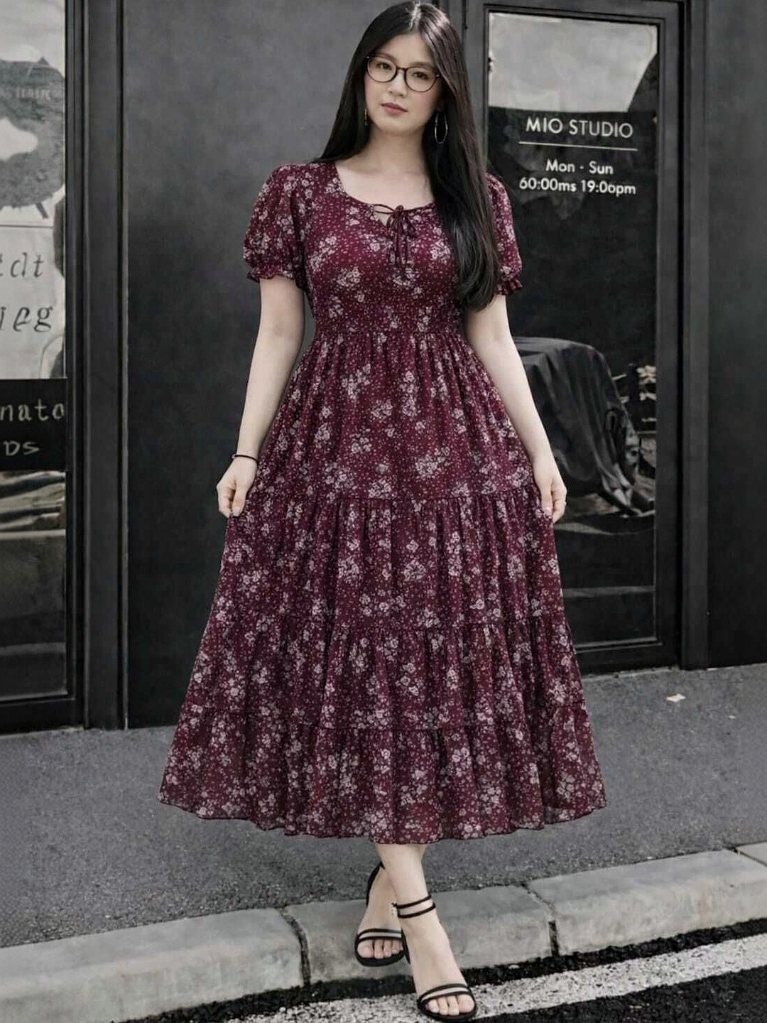 2013 USK COLLECTION Floral Print Puff Sleeve Georgette A-Line Maxi Dress