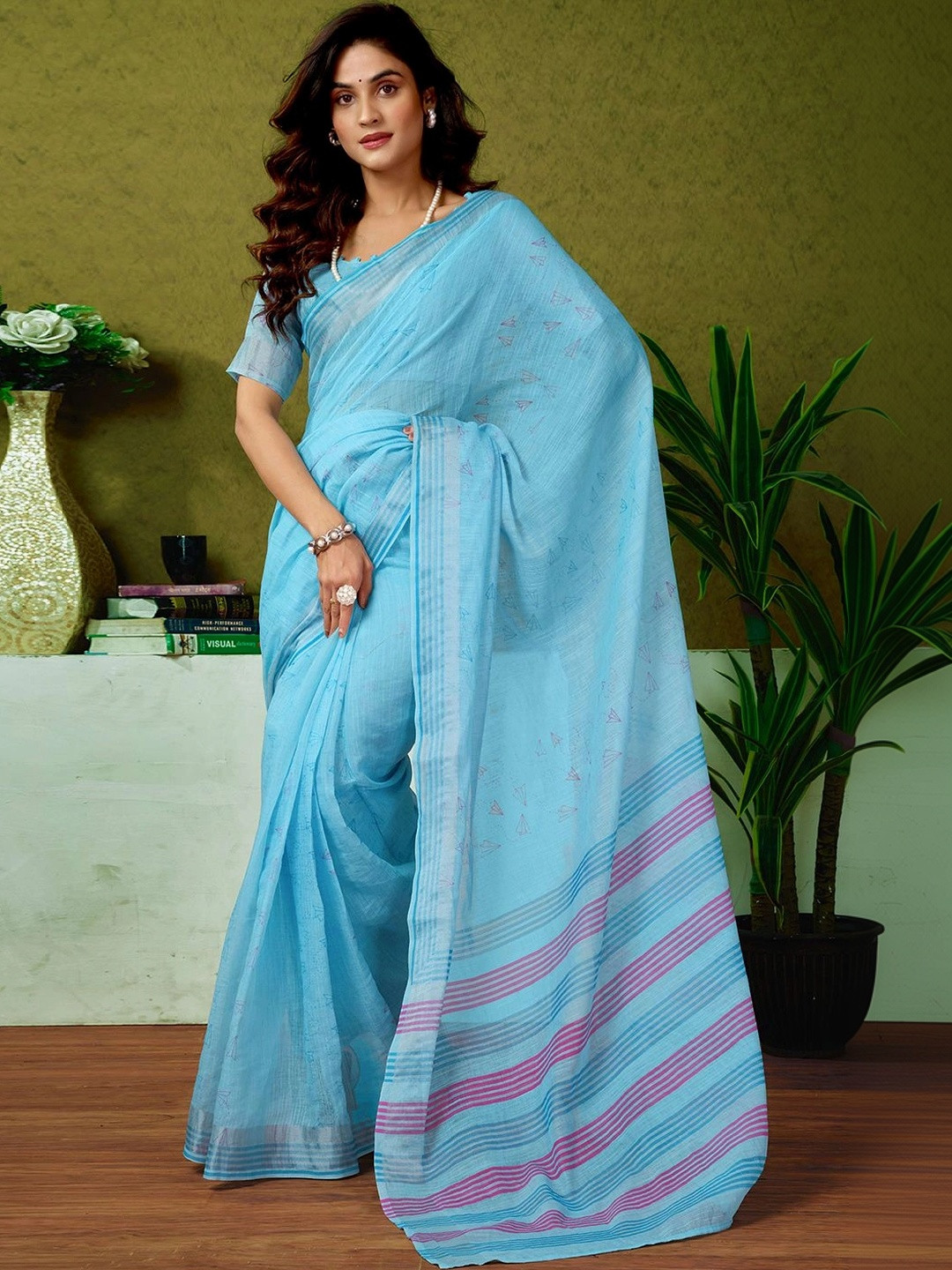 SAARA Printed Blue Linen Ready to wear saree With Unstiched Blouse