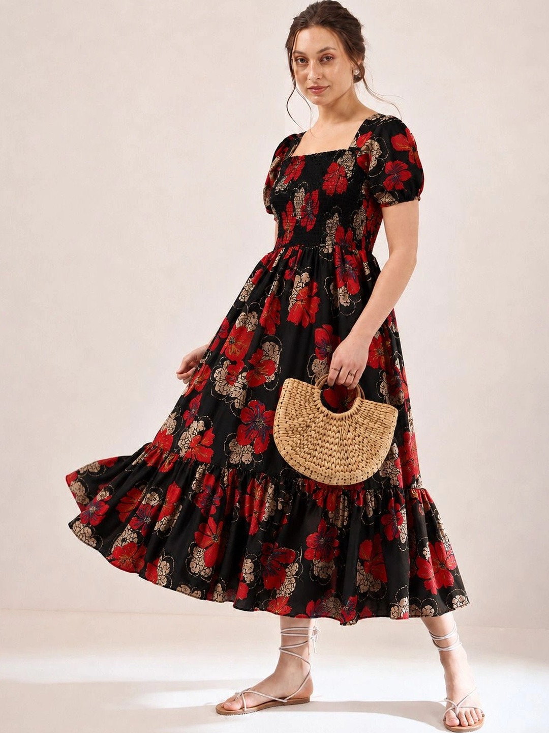 PTVIZE Floral Print Puff Sleeve A-Line Midi Dress
