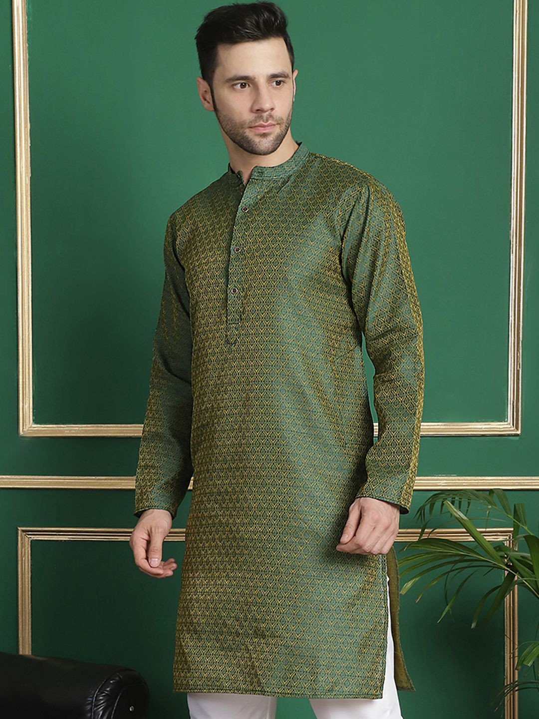 Anouk Olive Floral Woven Design Mandarin Collar Jacquard silk Straight Kurta