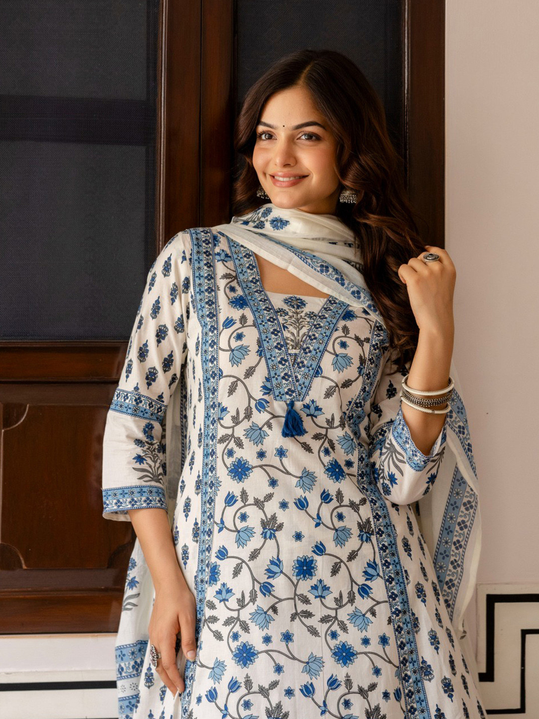 Anouk Women Floral Printed Cotton Kurta with Palazzo & Dupatta