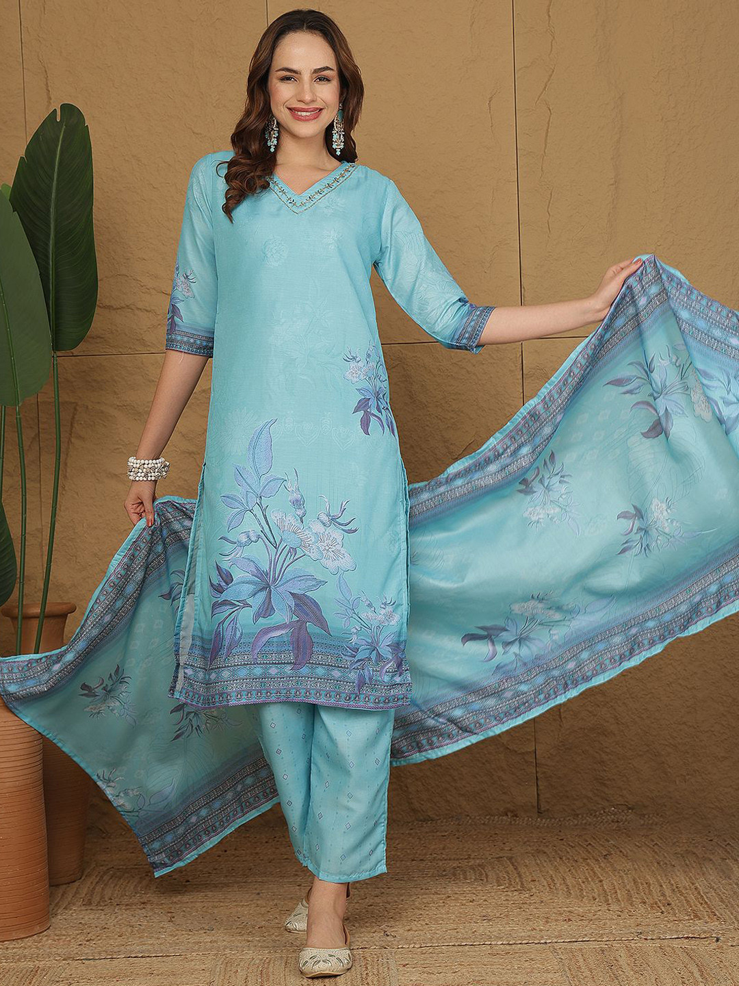 Anouk Floral Printed Thread Work Straight Kurta With Trousers & Dupatta