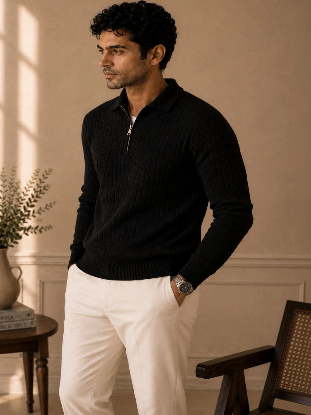 KARAMKAR Men Ribbed Woollen Pullover