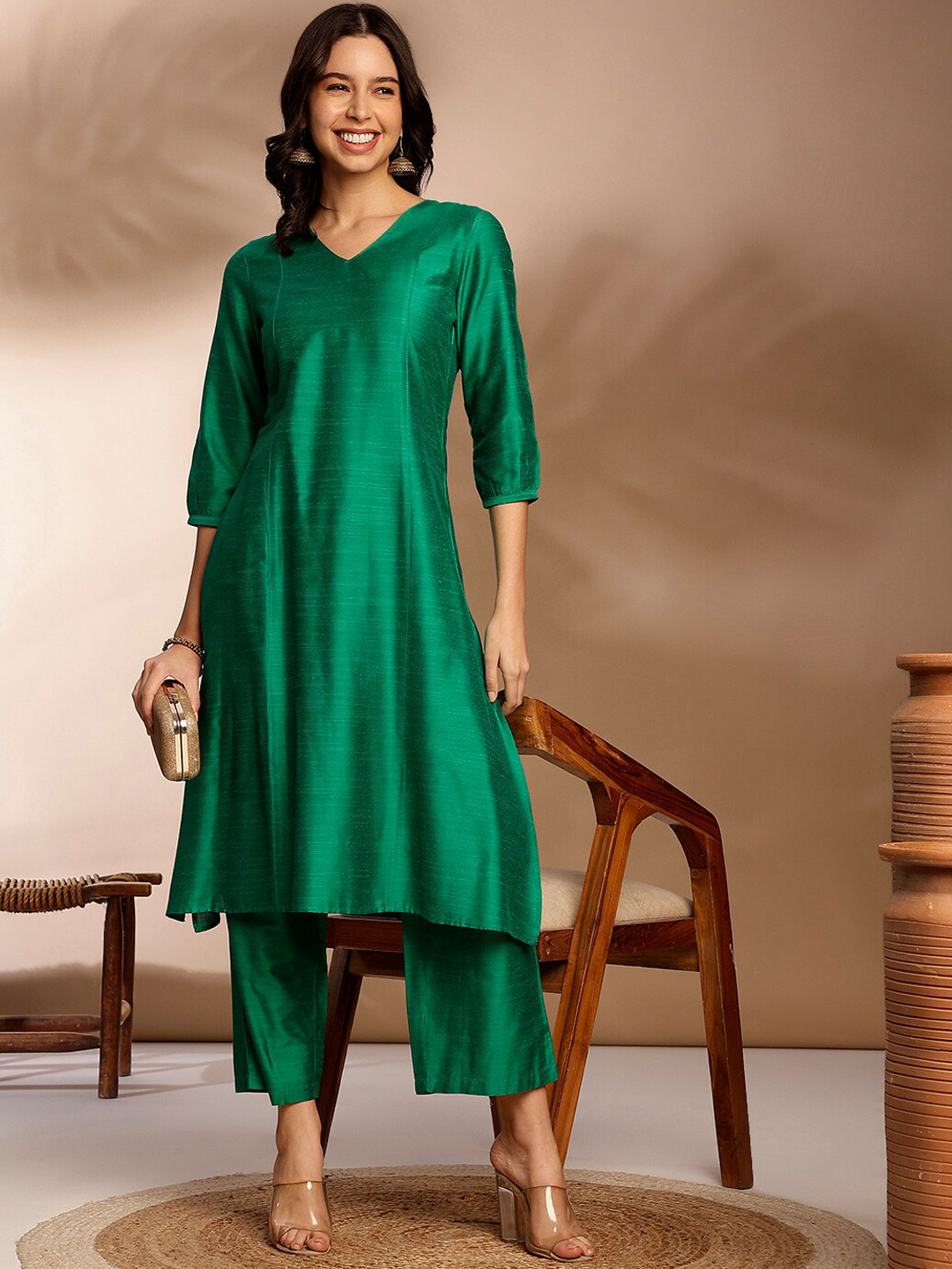Anouk Women V-Neck Three-Quarter Sleeves Regular A Line Kurta with Palazzos