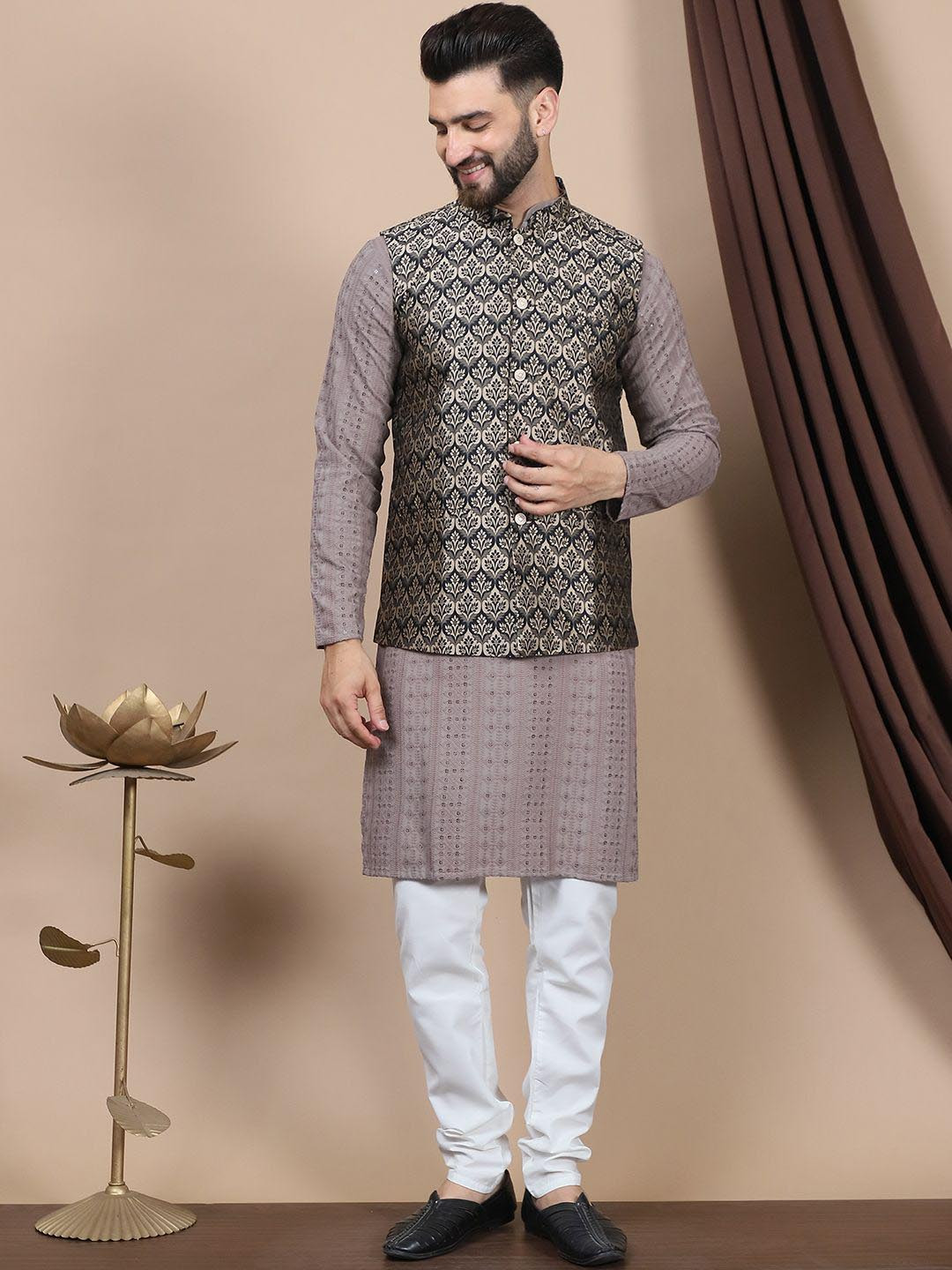 Anouk Floral Embroidered Sequinned Pure Cotton Straight Kurta With Churidar & Nehru Jacket