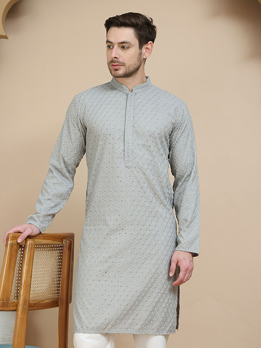 Anouk Men Embroidered Woven Design Mandarin Collar Knee Length Kurta