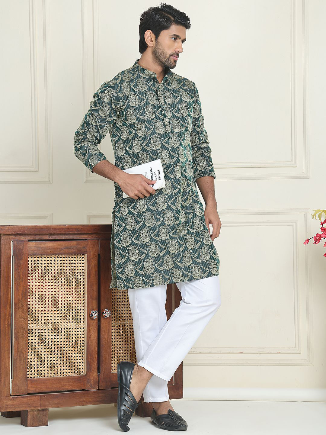 Anouk Olive Green Ethnic Motifs Woven Design Mandarina Collar Kurta With Pyjama
