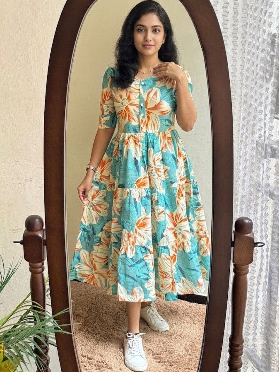 TiRoPatifab Floral Print Puff Sleeve A-Line Midi Dress