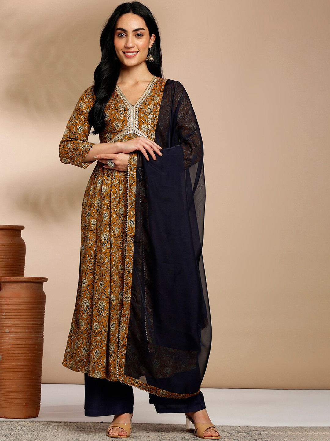 Anouk Alia Cut Mustrad Floral Printed V-Neck Anarkali Kurta with Palazzos & Dupatta