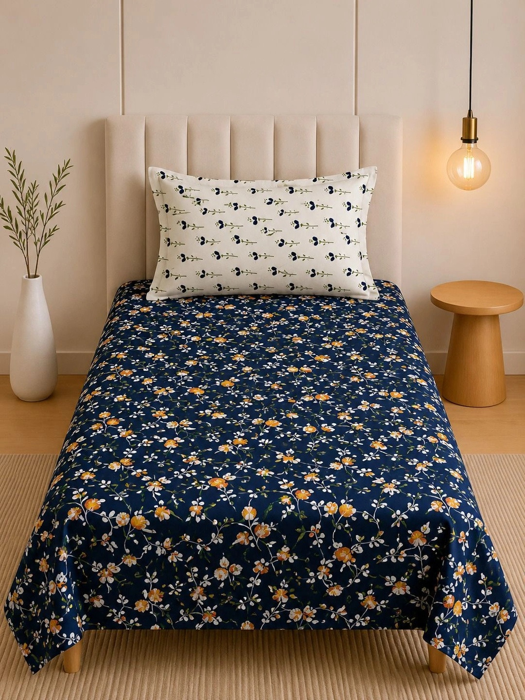 TINDLER KNOTS Blue Floral 144 TC Single Bedsheet with 1 Pillow Covers