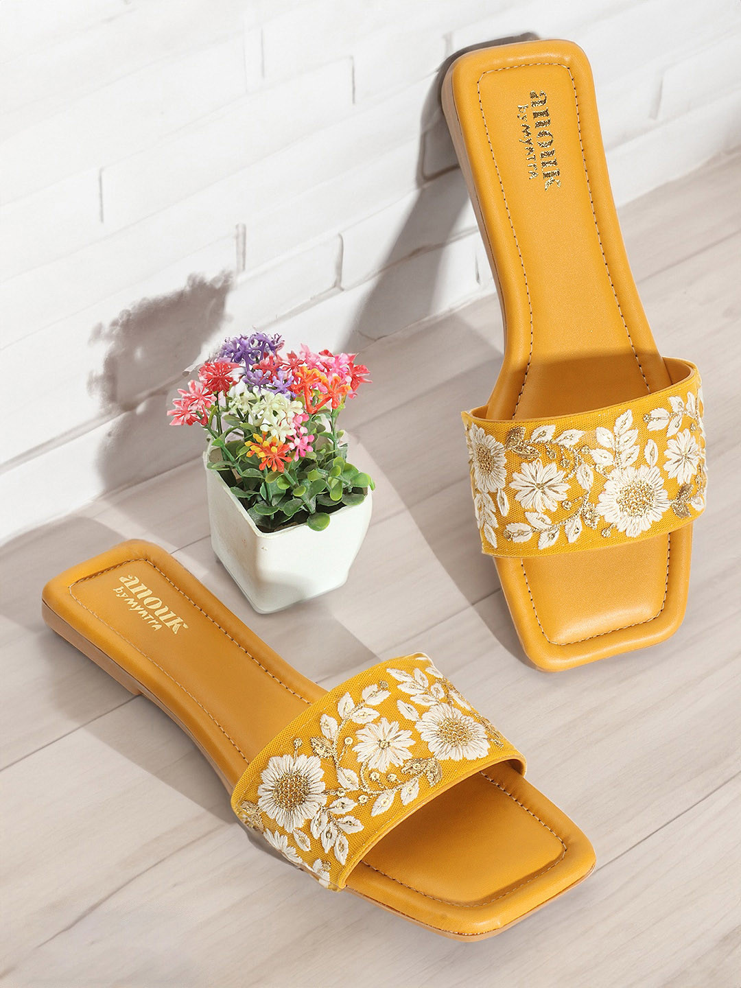 Anouk Mustard Yellow & White Embroidered Open Toe Flats