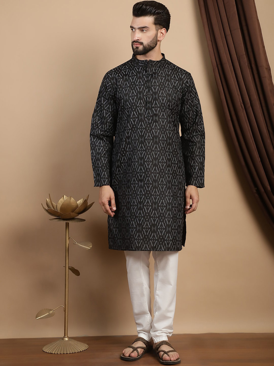 Anouk Printed Pure Cotton Mandarin Collar Long Sleeves Straight Kurta with Churidar