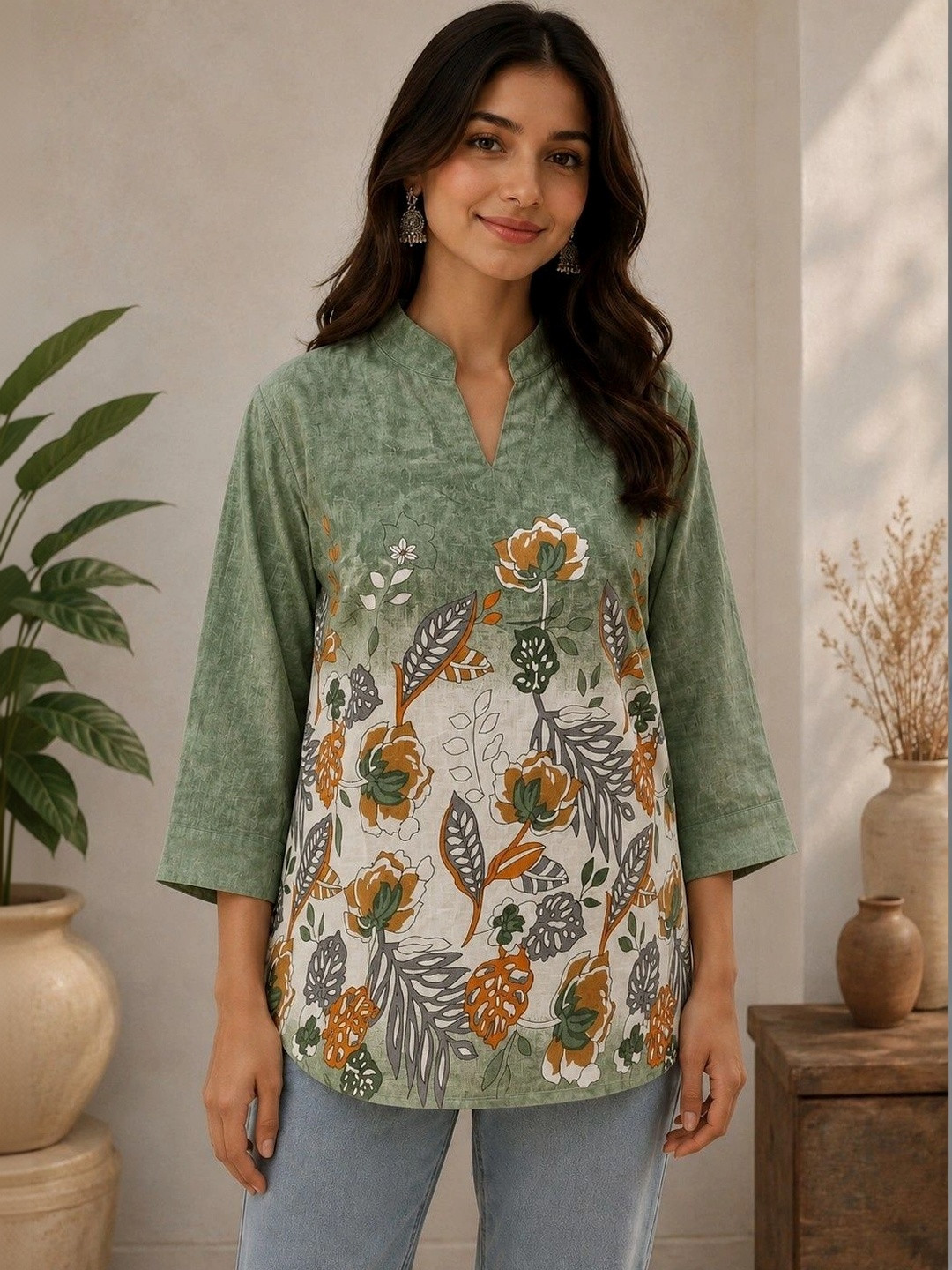 NEYSA Floral Print Mandarin Collar Top