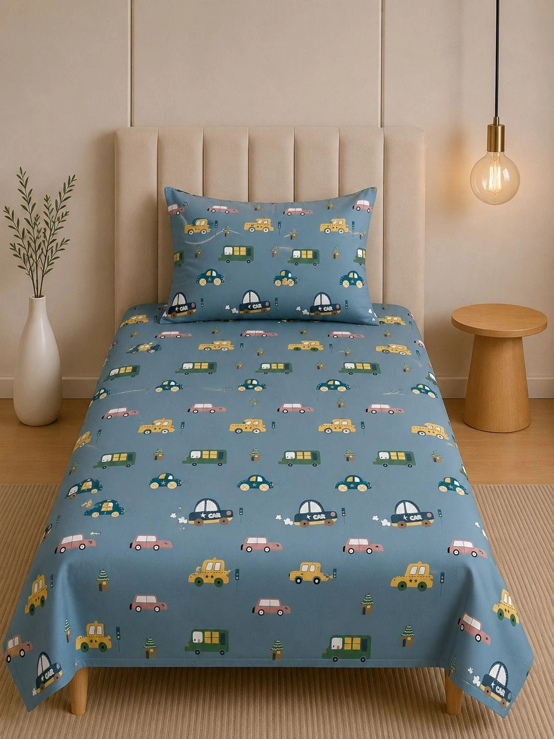 TINDLER KNOTS Grey Cartoon Characters 144 TC Single Bedsheet with 1 Pillow Covers