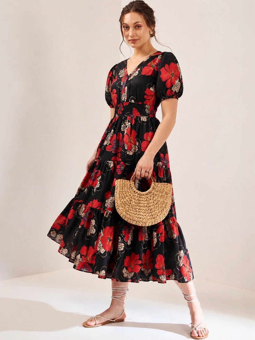 PTVIZE Floral Print Puff Sleeve A-Line Midi Dress
