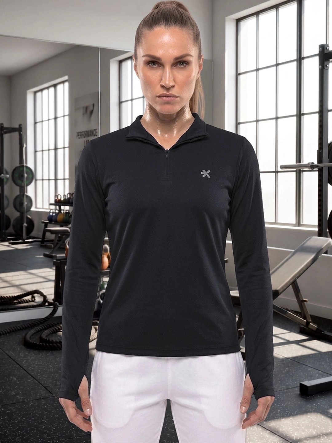 HRX by Hrithik Roshan Women Brand Logo Mandarin Collar T-shirt