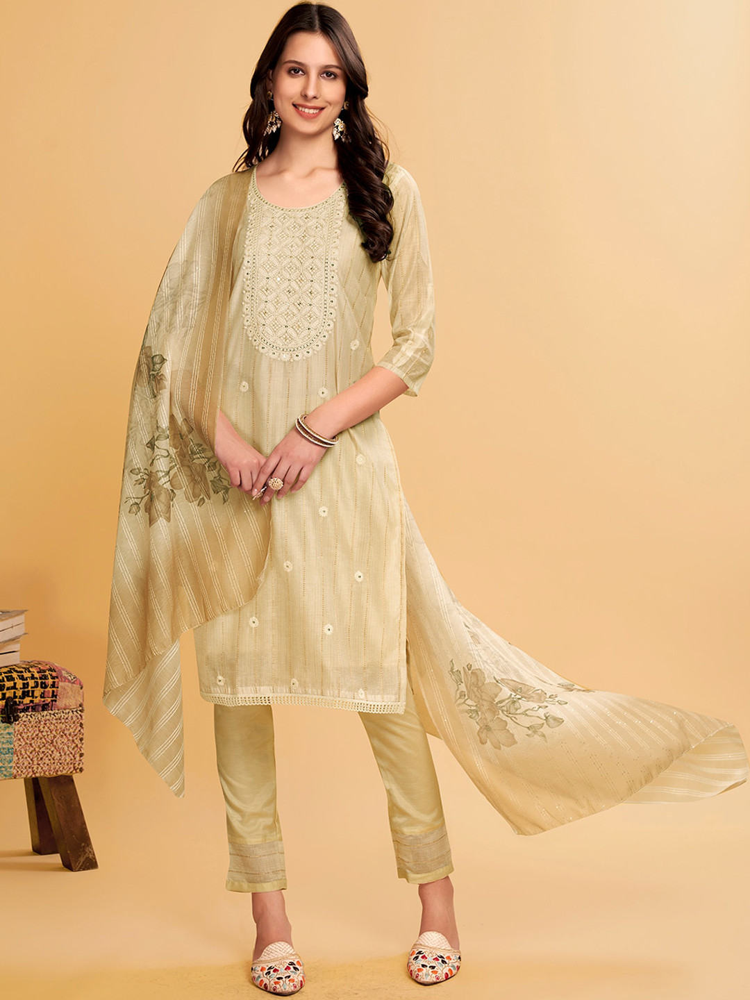 Anouk Cream-Coloured Ethnic Motifs Embroidered Thread Work Chanderi Cotton Kurta Set