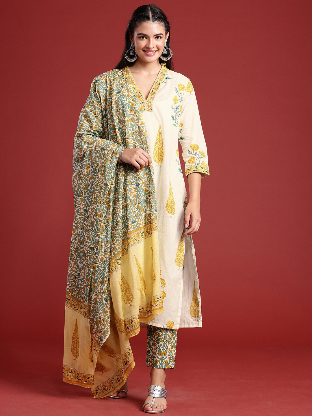 Anouk Ethnic Motifs Printed Mirror Work Pure Cotton Kurta with Trousers & With Dupatta