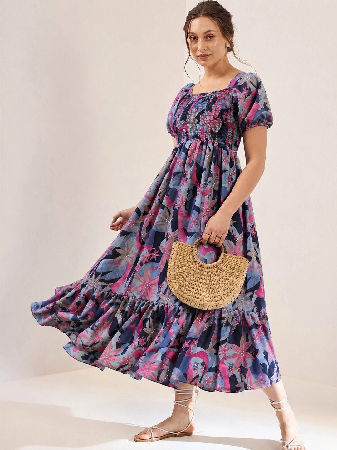 PTVIZE Floral Print Puff Sleeve A-Line Midi Dress