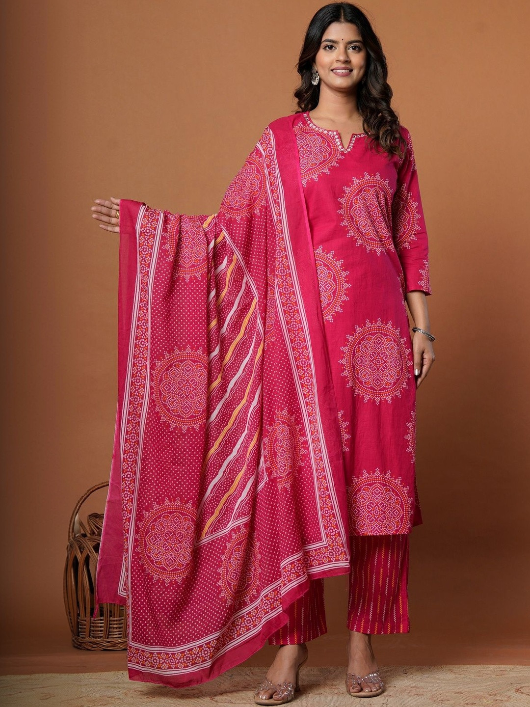 Anouk Women Bandhani Printed Regular Pure Cotton Kurta with Trousers & With Dupatta