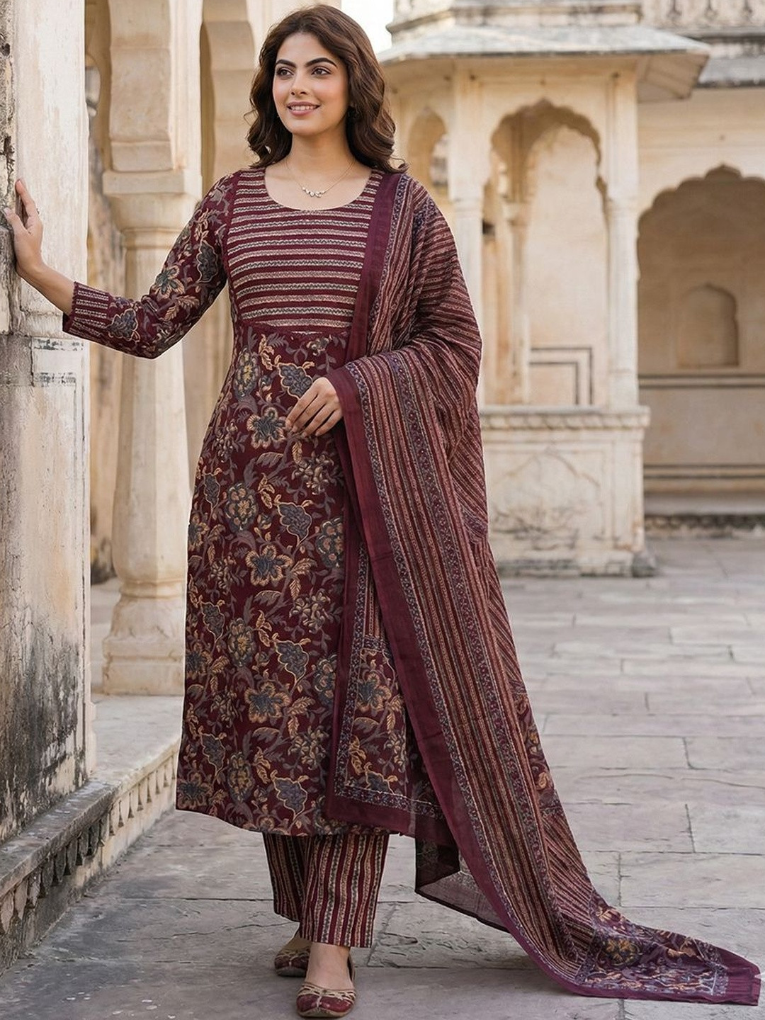 Anouk Women Floral Printed Regular Pure Cotton Kurta with Trousers & With Dupatta