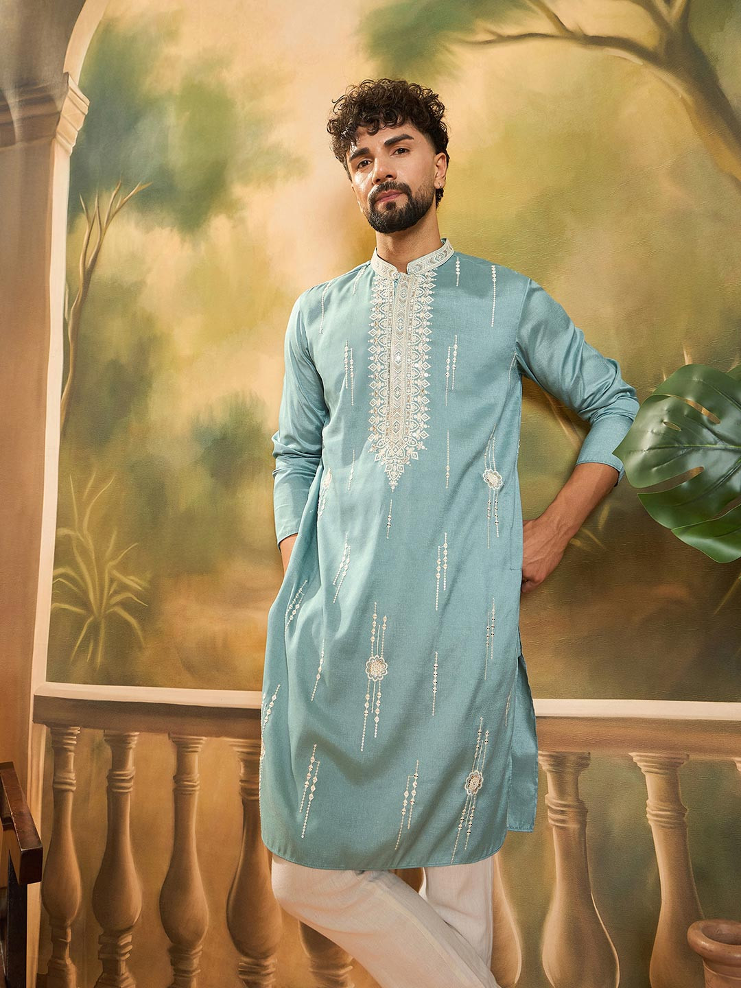 Anouk Men Embroidered Thread Work Mandarin Collar Kurta