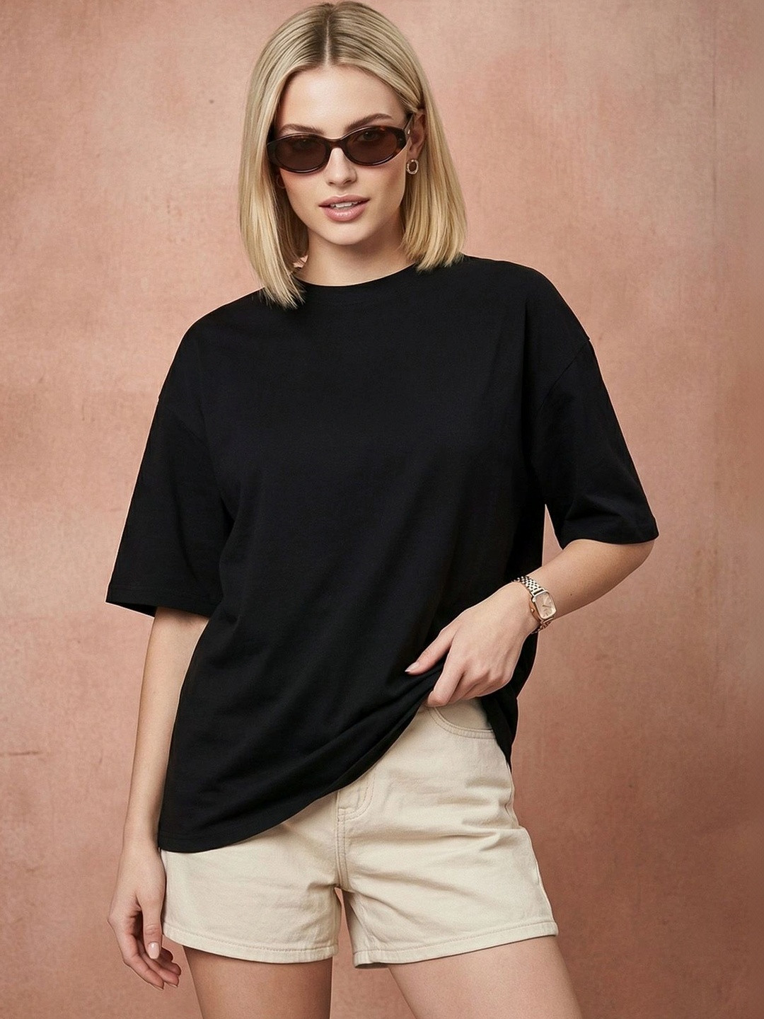 JUNEBERRY Women Black Solid Round Neck Relaxed Fit Pure Cotton Oversized Plus Size T-Shirt
