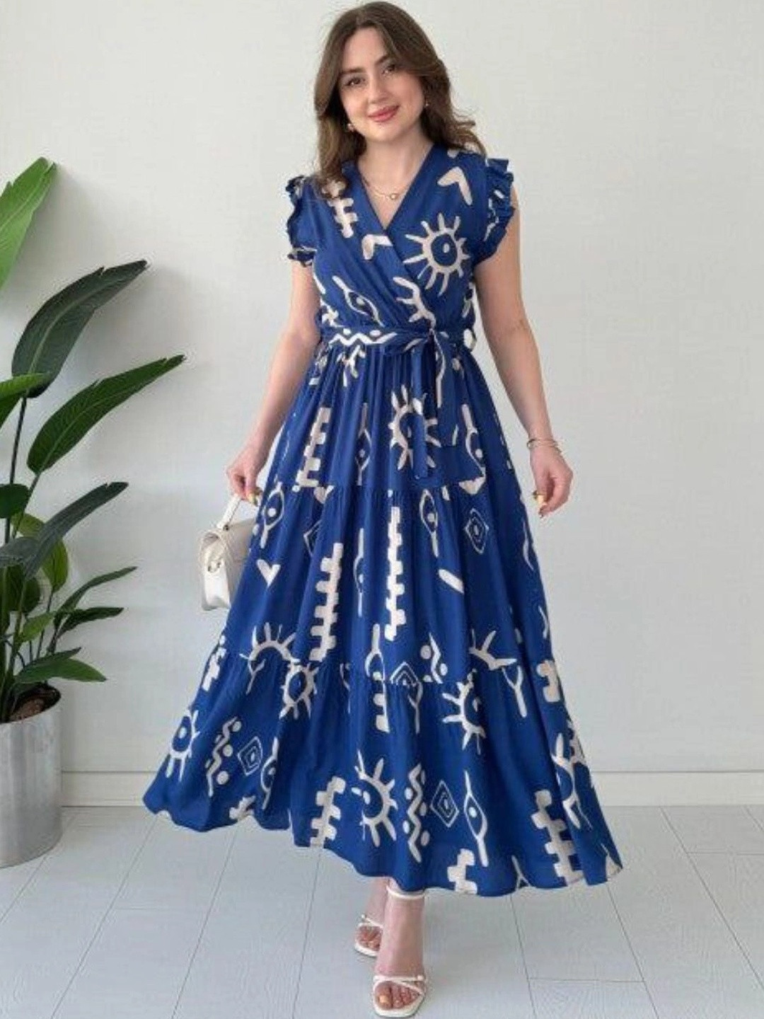 Modestouze Attires Print Puff Sleeve Ruffled Maxi Dress