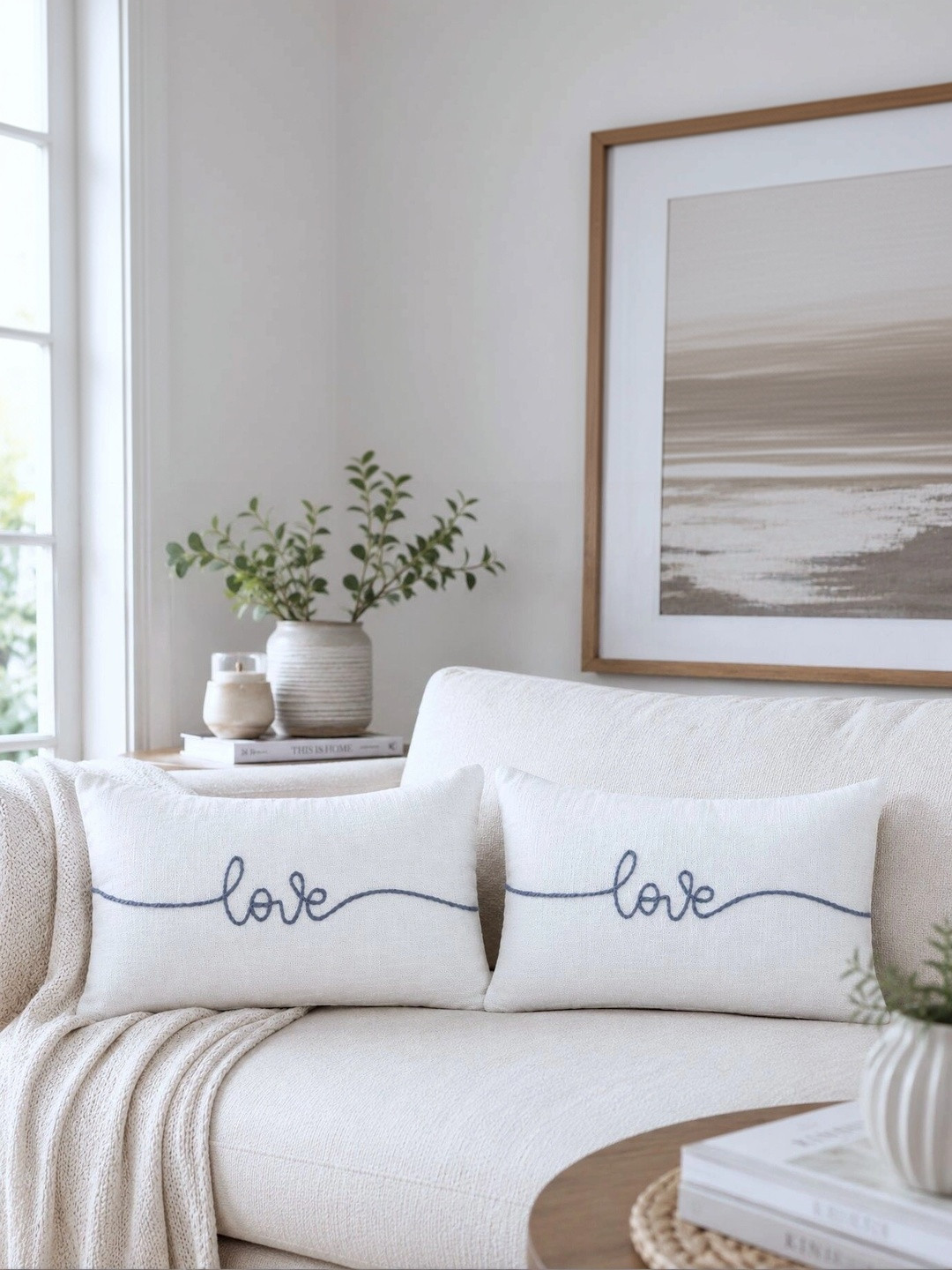 eyda Valentine White & Grey 2 Pieces Embroidered Cotton Rectangle Cushion Covers