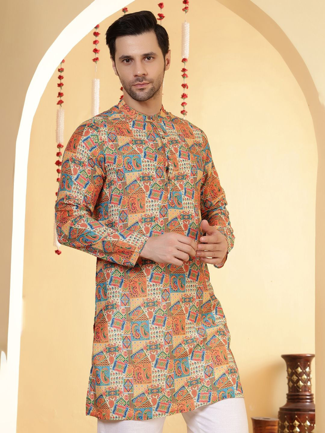 Anouk Floral Printed Band Collar Straight Kurta