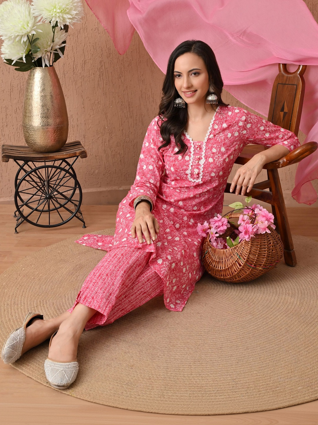 Anouk Mirage Women Ethnic Motifs Printed Regular Thread Work Pure Cotton Kurta with Trousers & With Dupatta