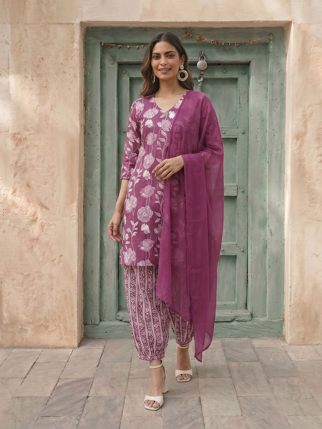 Anouk Floral Printed Regular Pure Cotton Kurta with Salwar & Dupatta