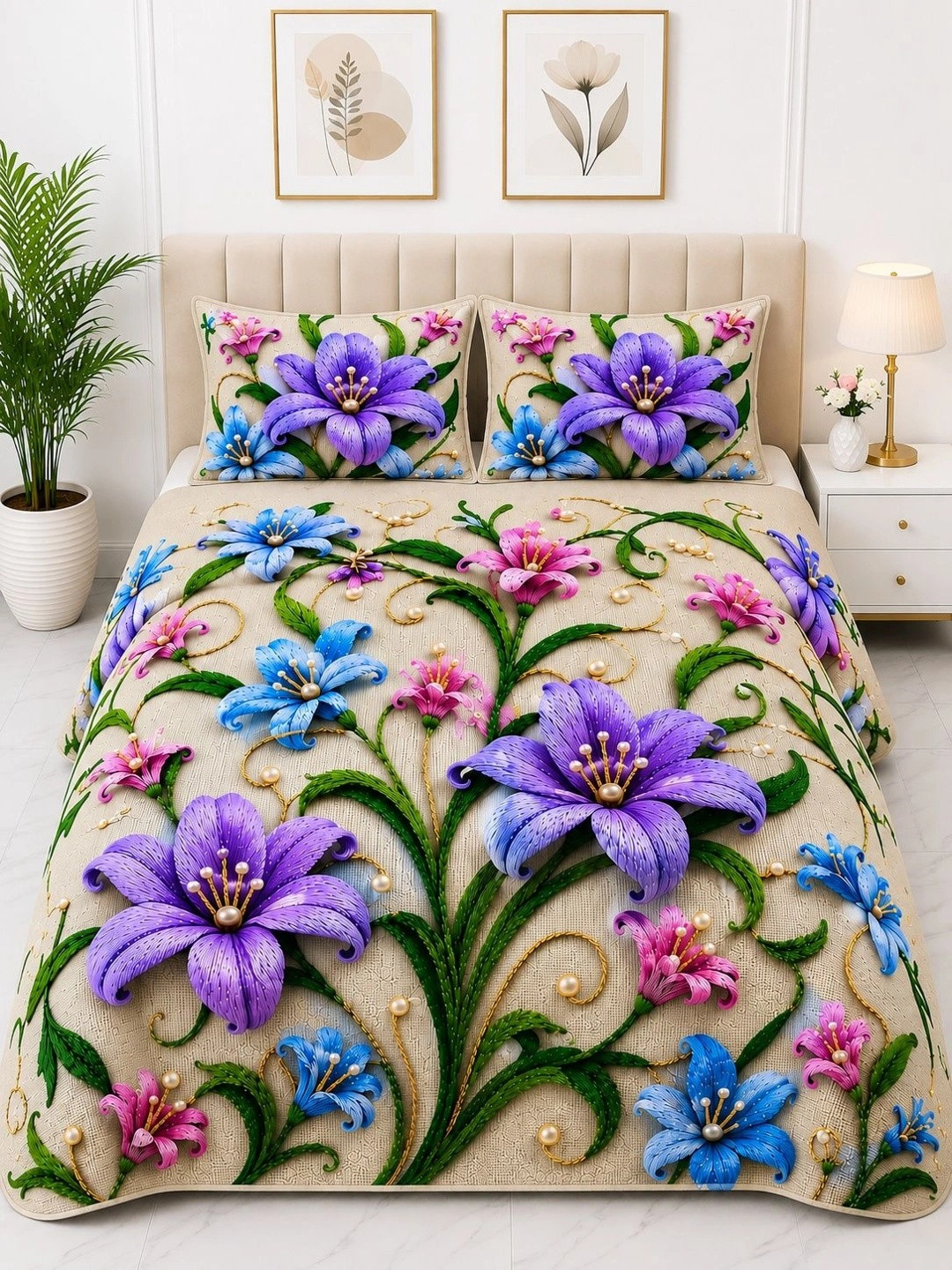 VAIKUNTH HOME Beige & Purple Floral 220 TC Bedsheet with 2 Pillow Covers