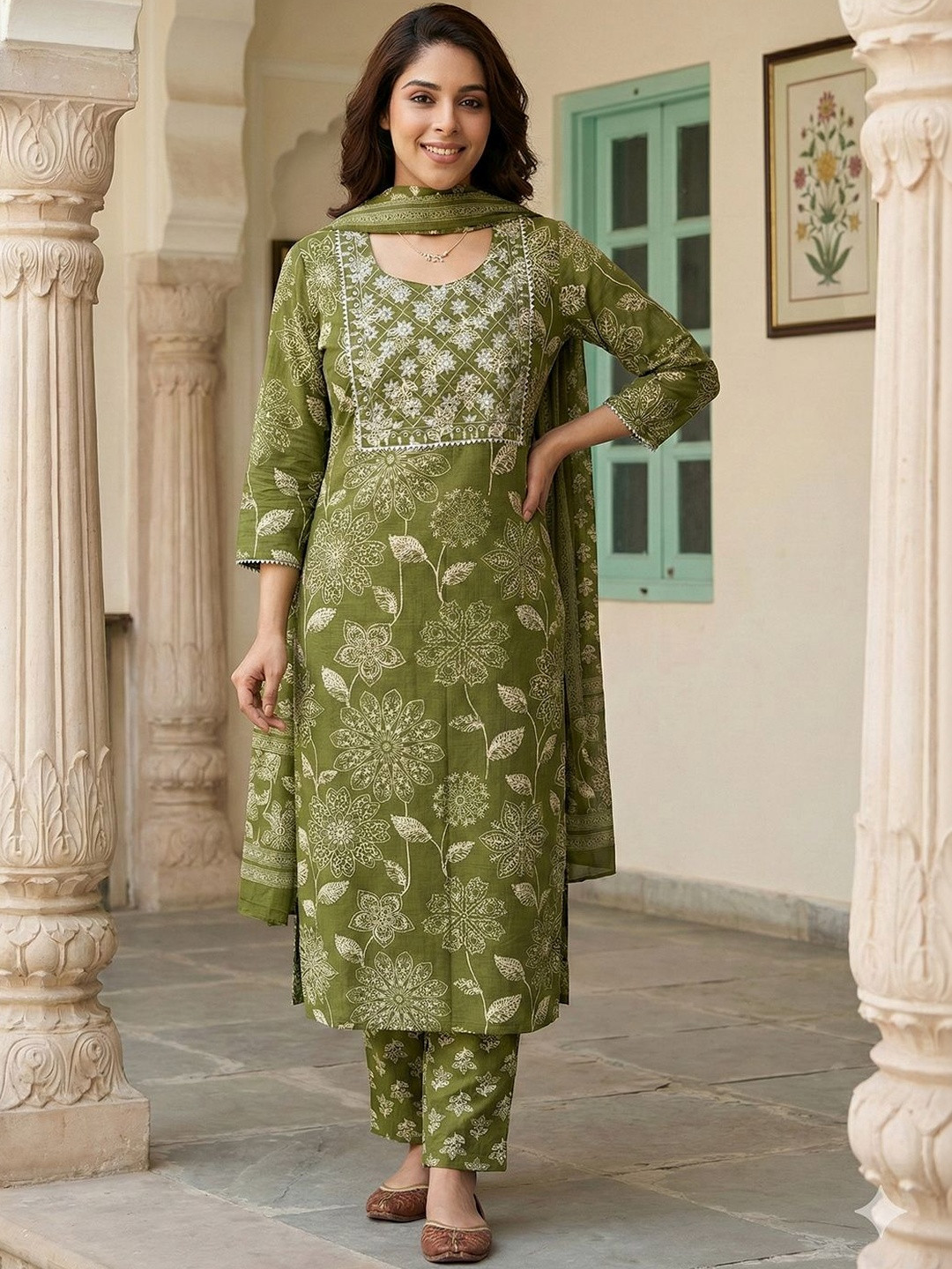 Anouk Women Floral Printed Regular Pure Cotton Kurta with Trousers & With Dupatta