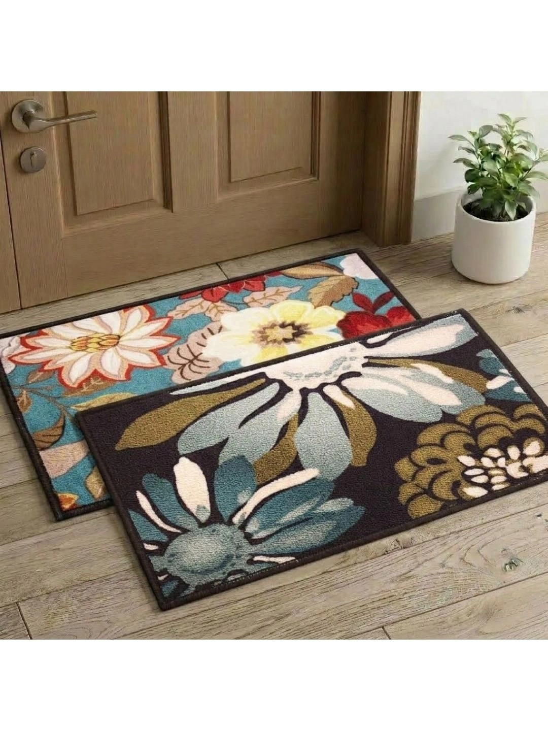 Athom Trendz Brown & Green Set of 2 Floral Printed Anti Slip Doormat 57x37cm