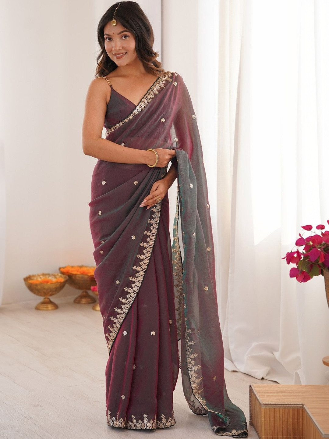 Anouk Ethnic Motifs Embroidered Pure Chiffon Heavy Work Saree