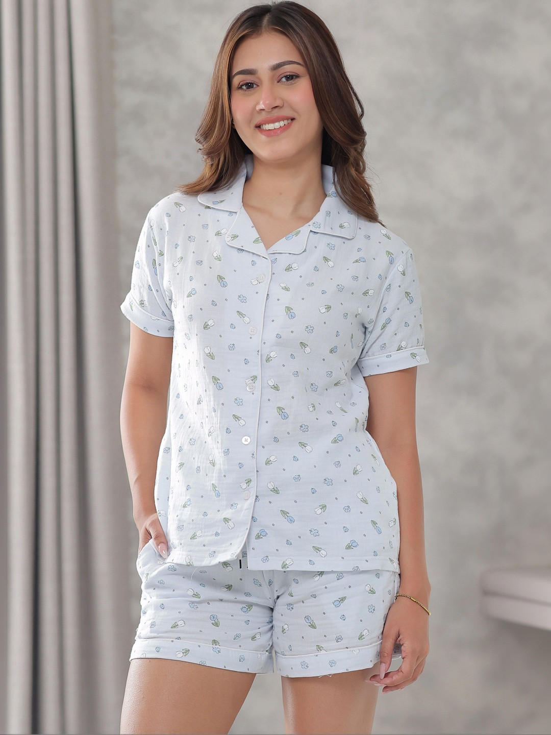 NAP STORY Women Blue Tulip Muslin Night suit