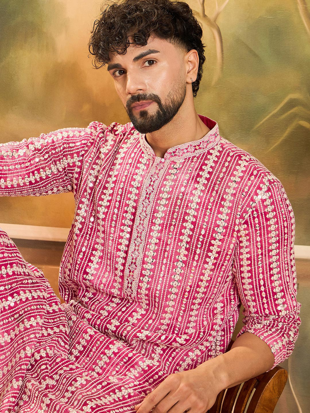 Anouk Men Red Viscose Rayon Shibori Embroidered Straight Kurta