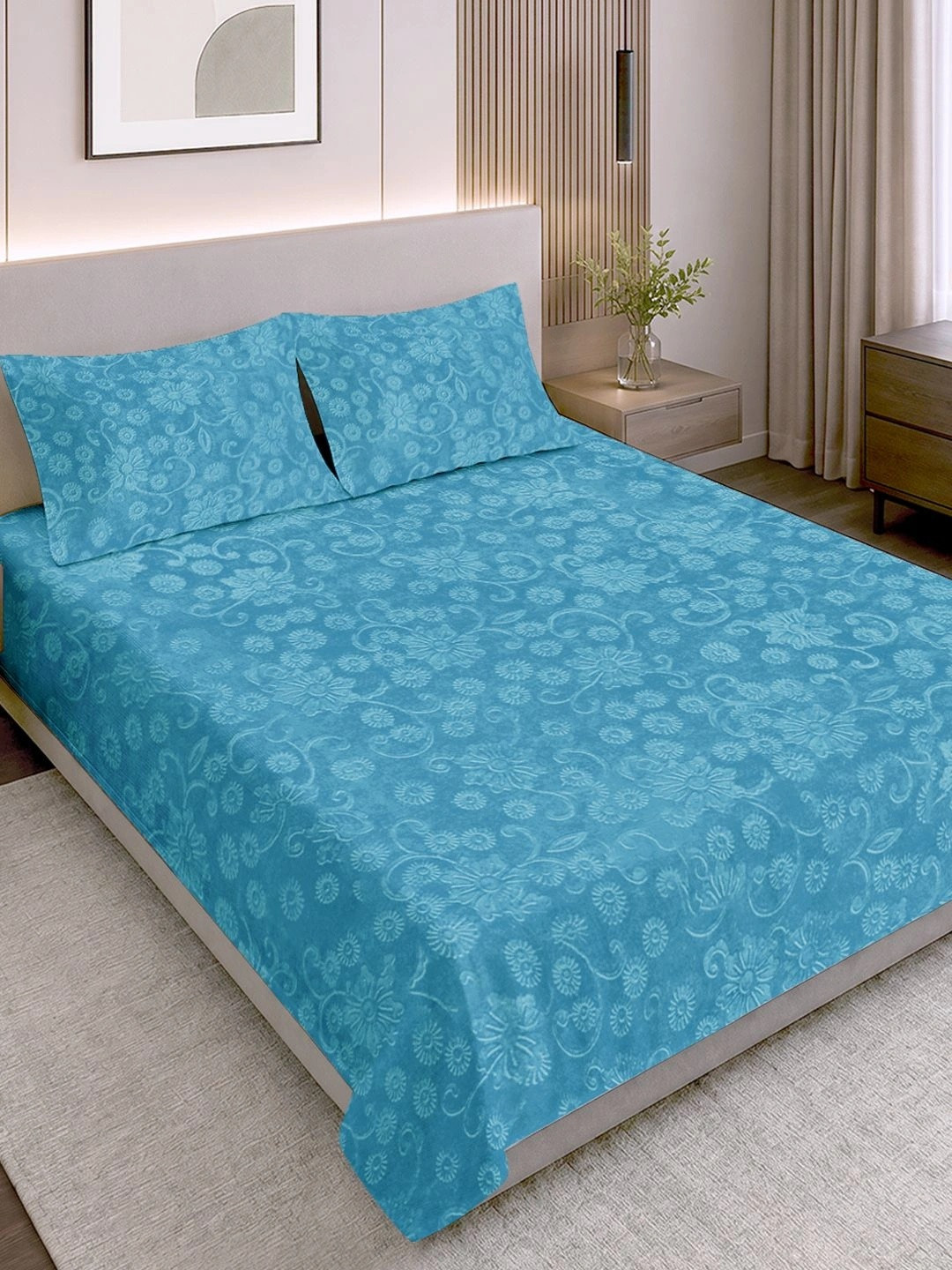 Myntra Elegant Homes Blue & Off White Printed Woollen 300 TC King Bedsheet Set 2.5 x 2.25m