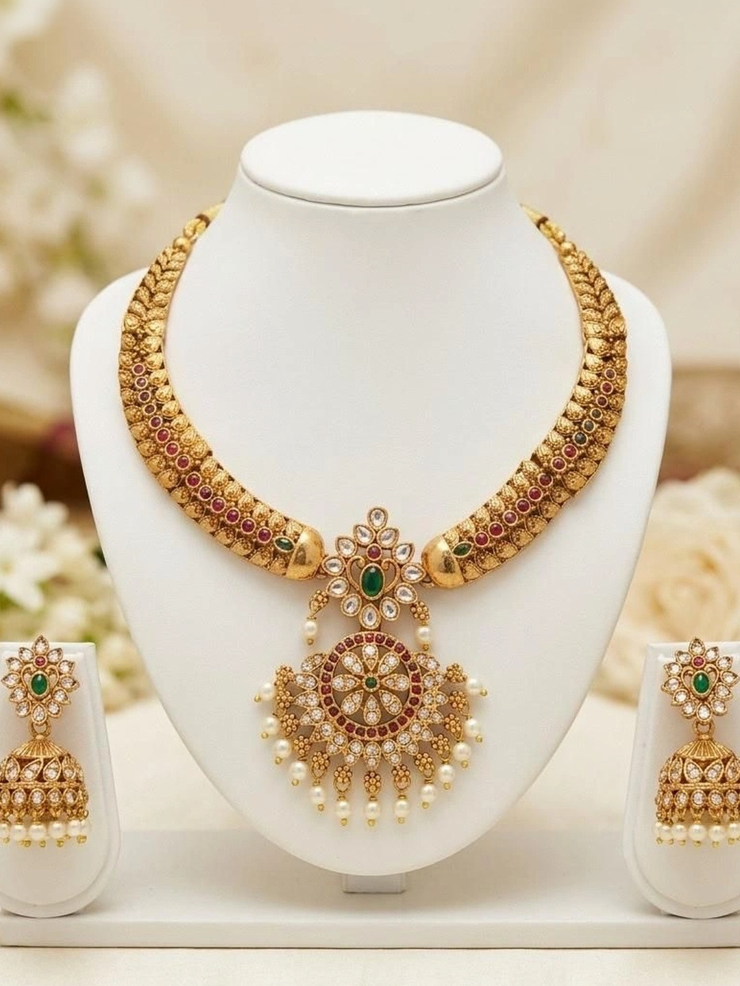 TINYTROVES Gold-Plated Antique Stone Studded & Beaded Necklace and Earrings