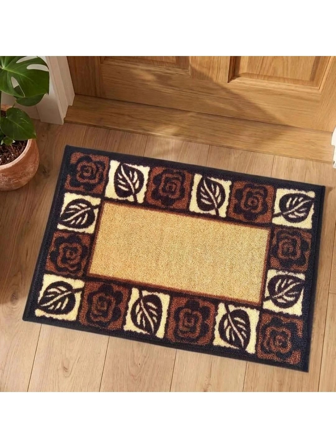 Athom Trendz Black & Brown Floral Printed Anti-Slip Doormat 57x37 cm