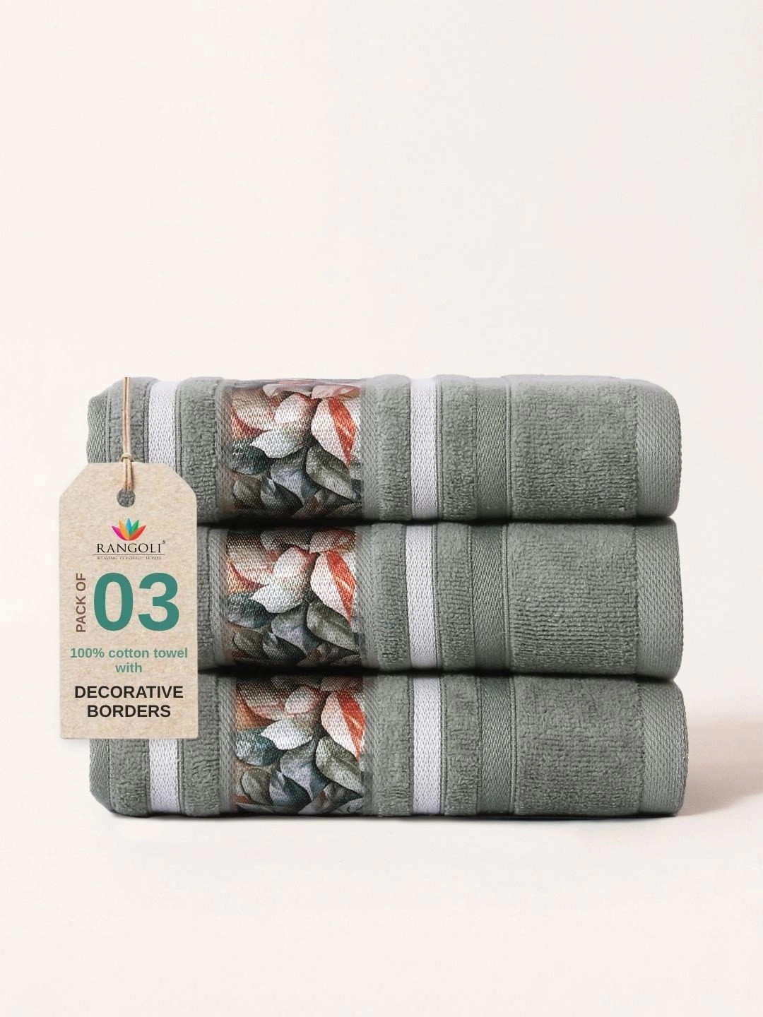 RANGOLI Oriental 3 Pieces Floral Decorative Border Super Soft 450 GSM Hand Towel