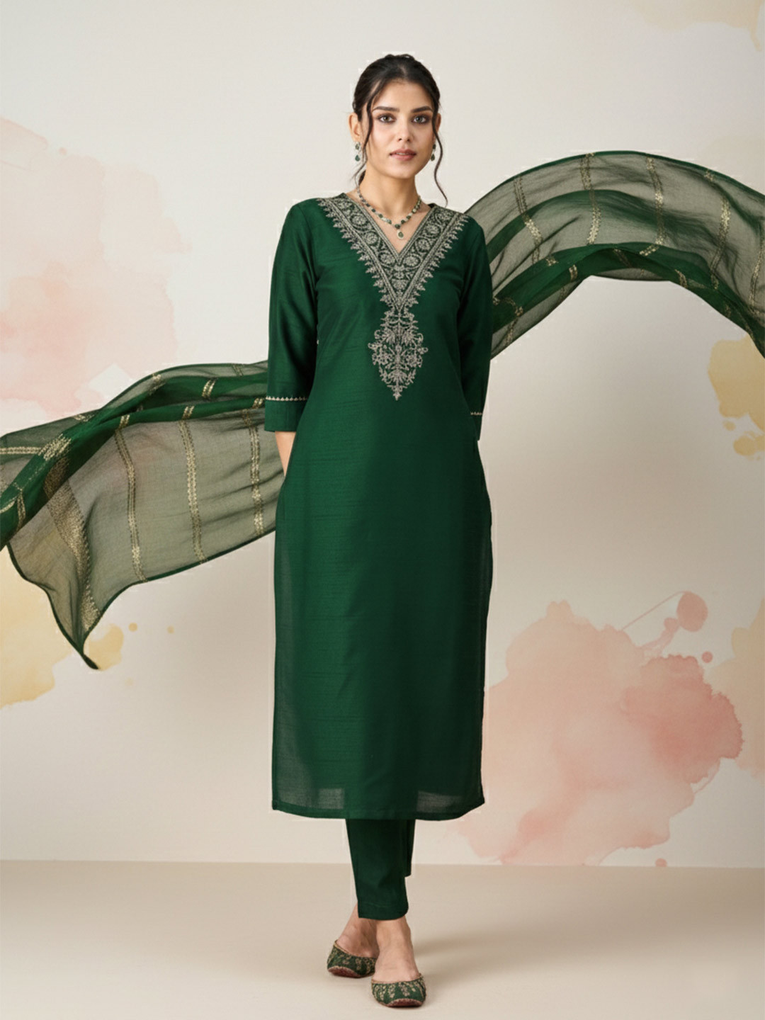 Anouk Mirage Women Ethnic Motifs Embroidered Regular Kurta with Trousers & With Dupatta