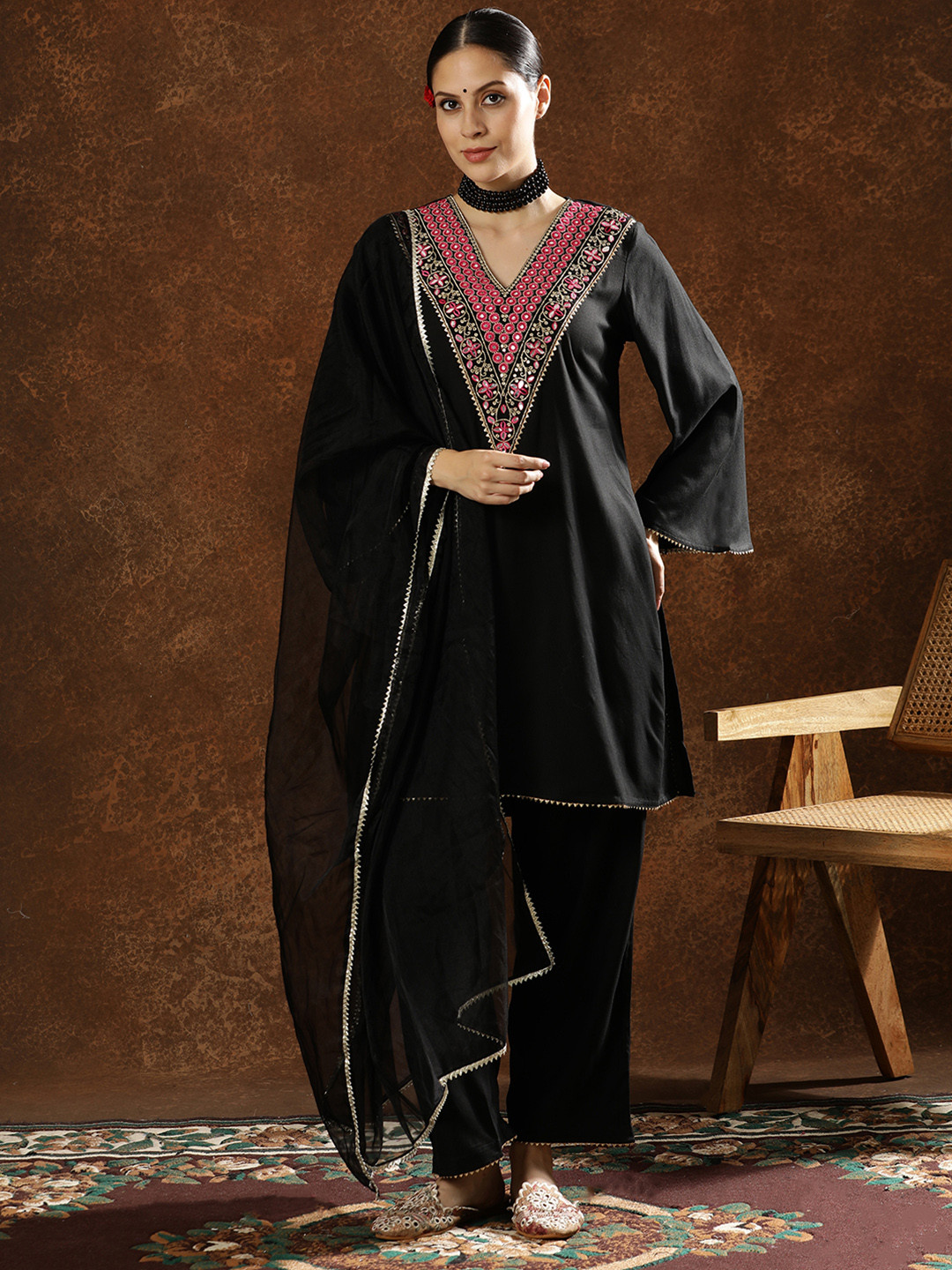 Anouk Embroidered V-Neck Thread Work Straight Kurta With Palazzos & Dupatta