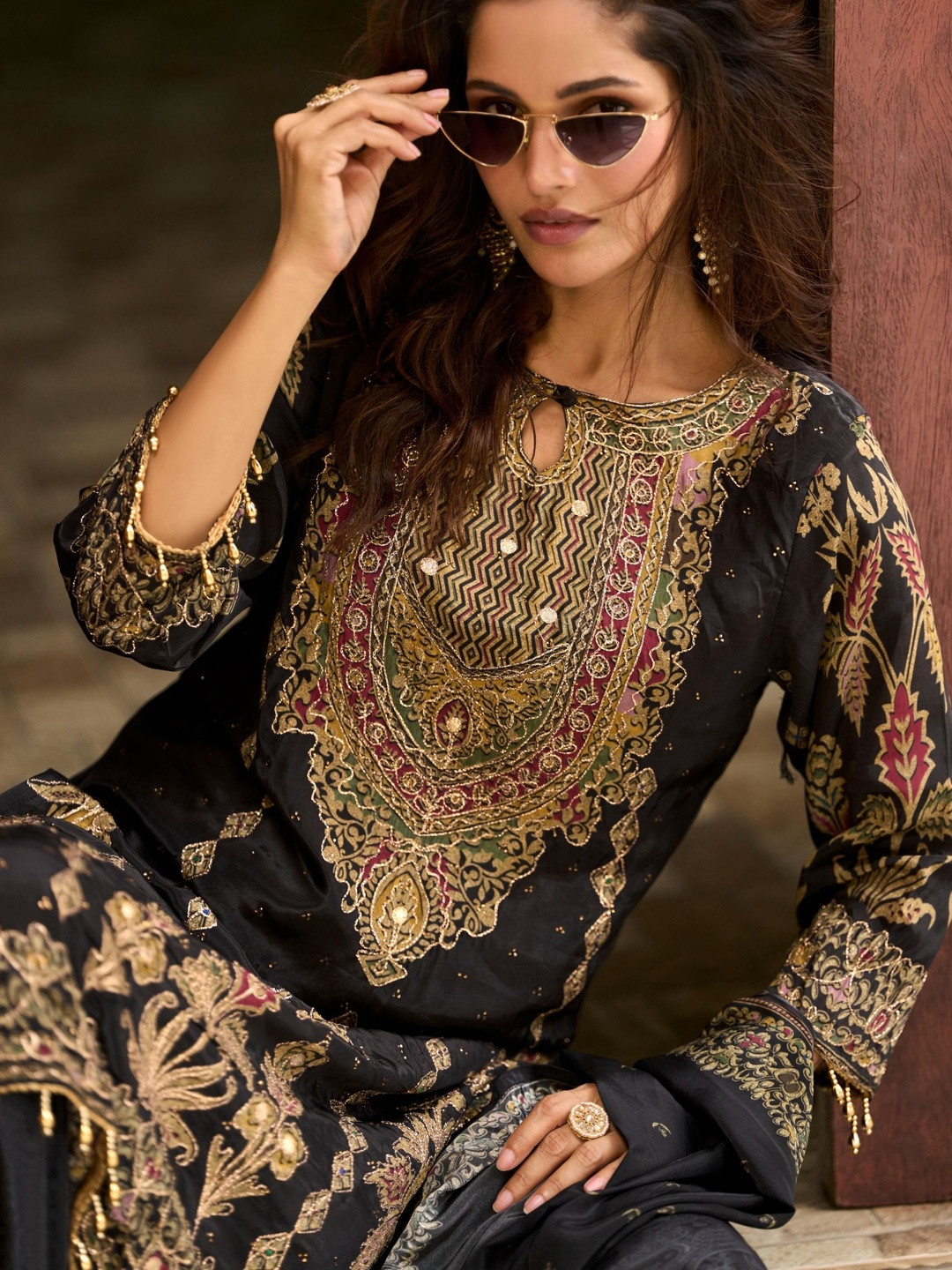 Anouk Ethnic Motifs Yoke Design Zari Keyhole Neck Pure Silk Kurta With Palazzos & Dupatta
