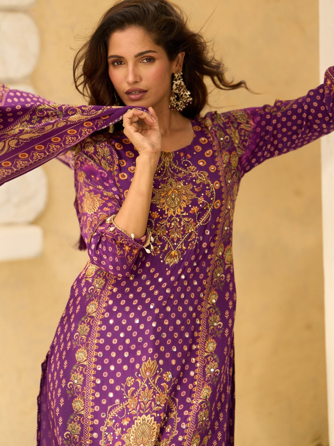 Anouk Ethnic Motifs Printed Round Neck Straight Kurta With Palazzos & Dupatta