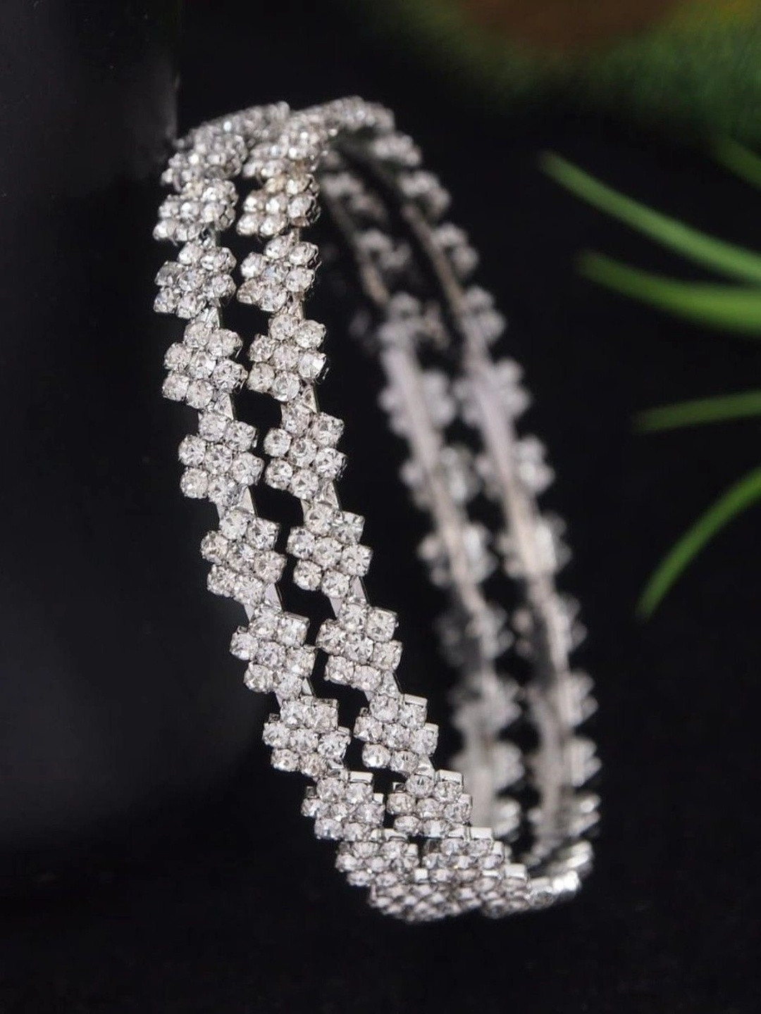SGA FASHION Set Of 2 Silver-Plated American Diamond Stones Studded Bangles