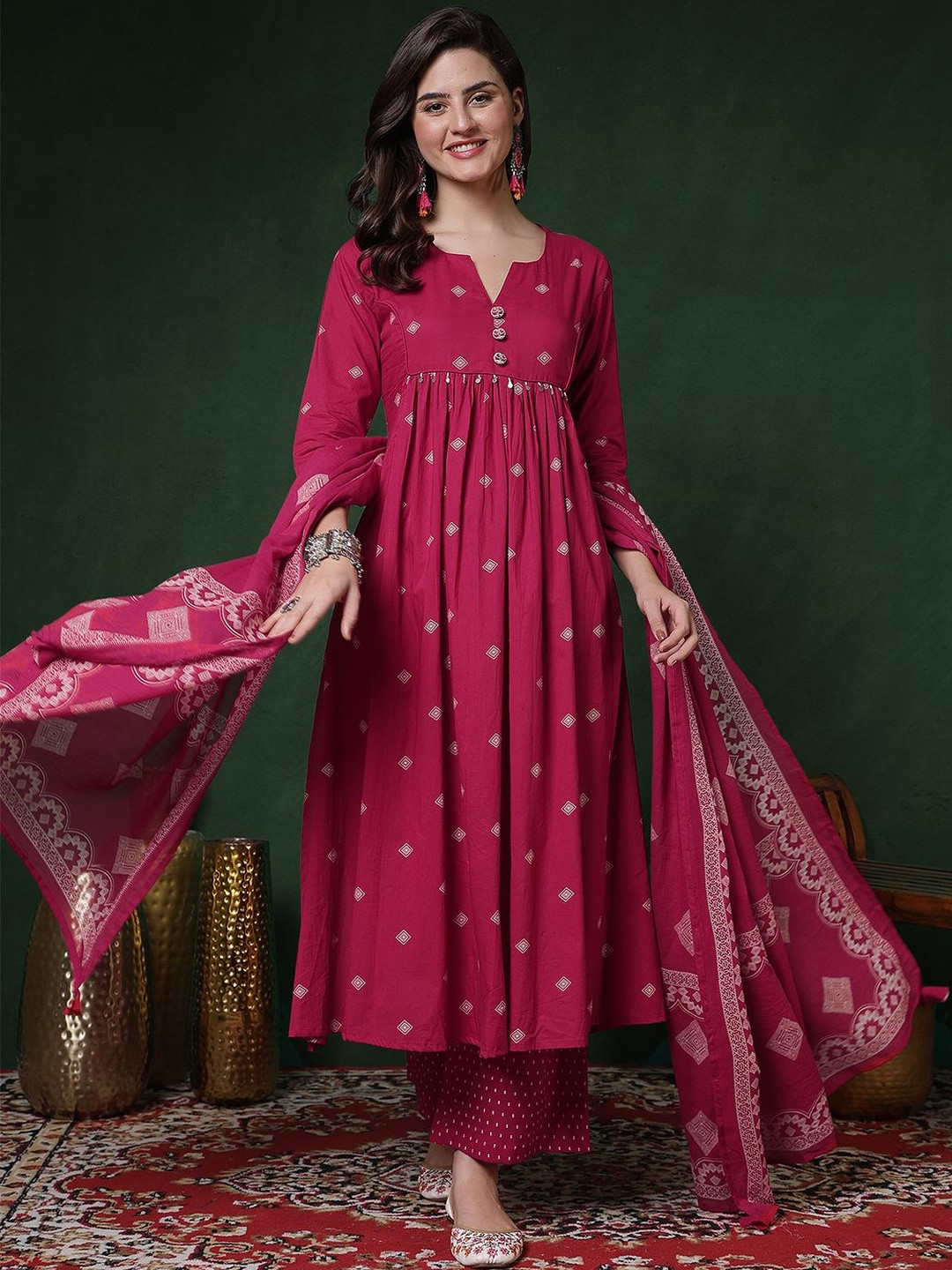Anouk Mirage Women Printed Panelled Thread Work Kurta with Palazzos & With Dupatta