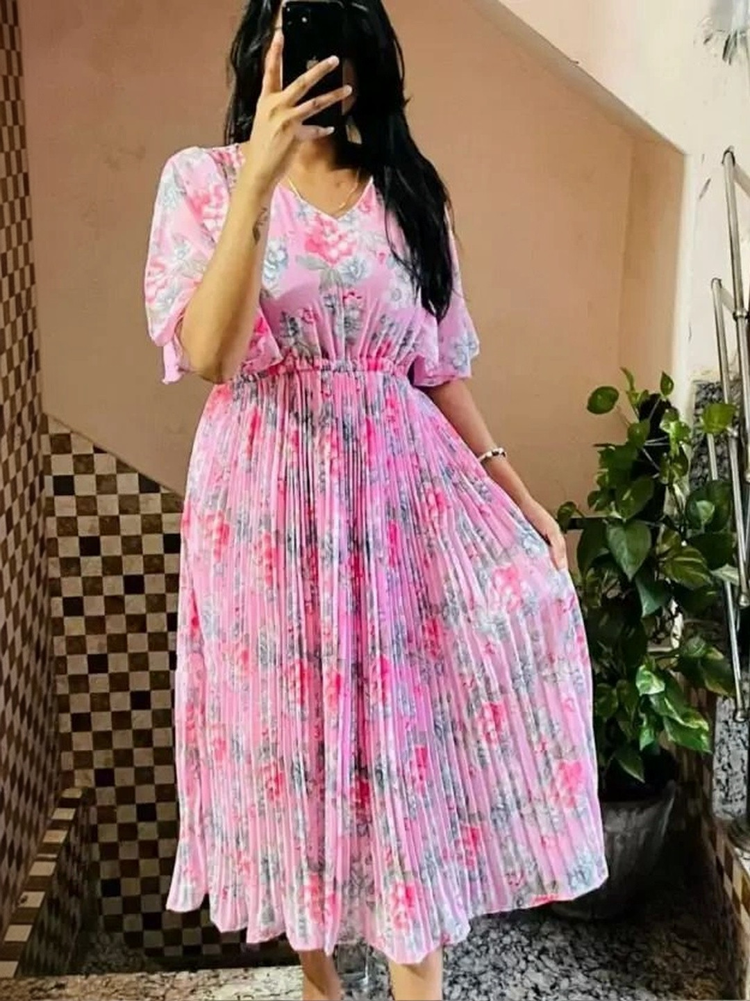 RKK COLLECTION Floral Print Georgette A-Line Midi Dress
