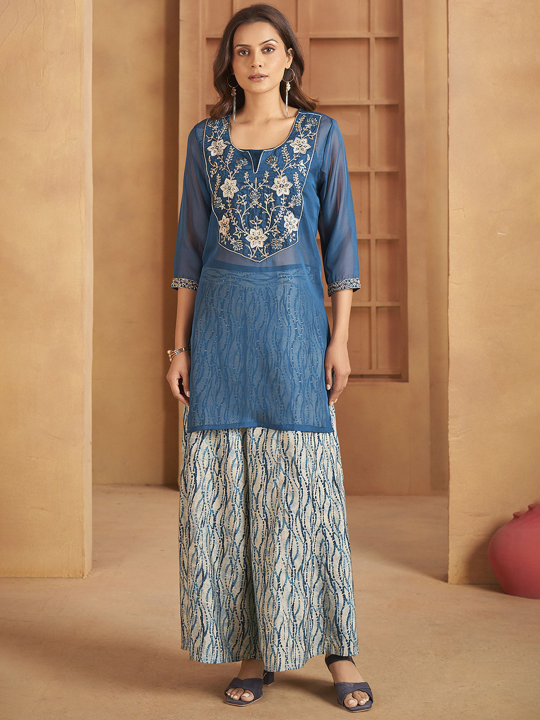 Anouk Floral Embroidered Yoke Or Border Liva Kurta With Palazzos